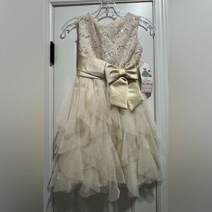 Rare Editions Ivory Lace Dress with Gold Bow